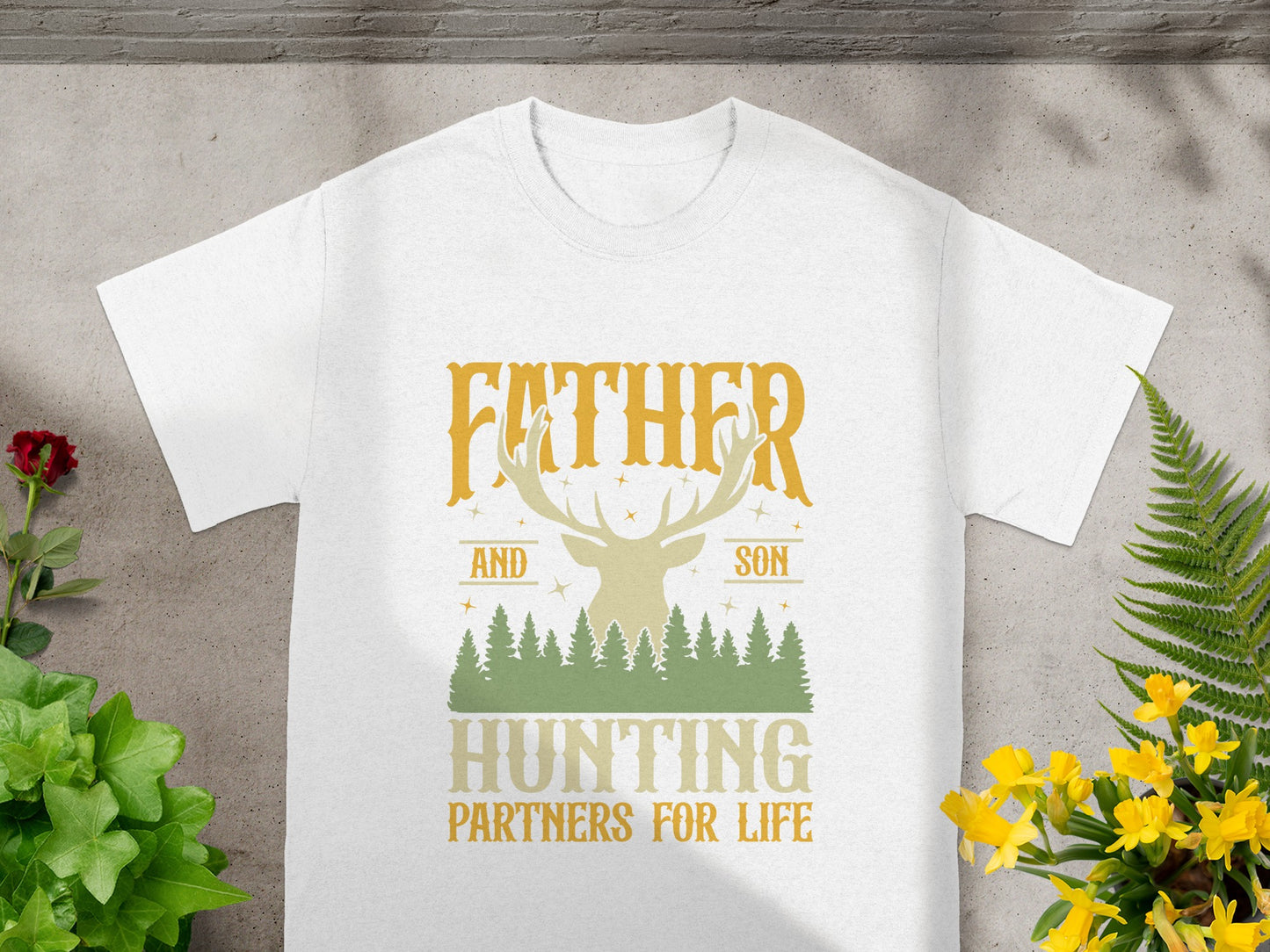 White t-shirt with "Father and Son Hunting Partners for Life" text and deer silhouette.