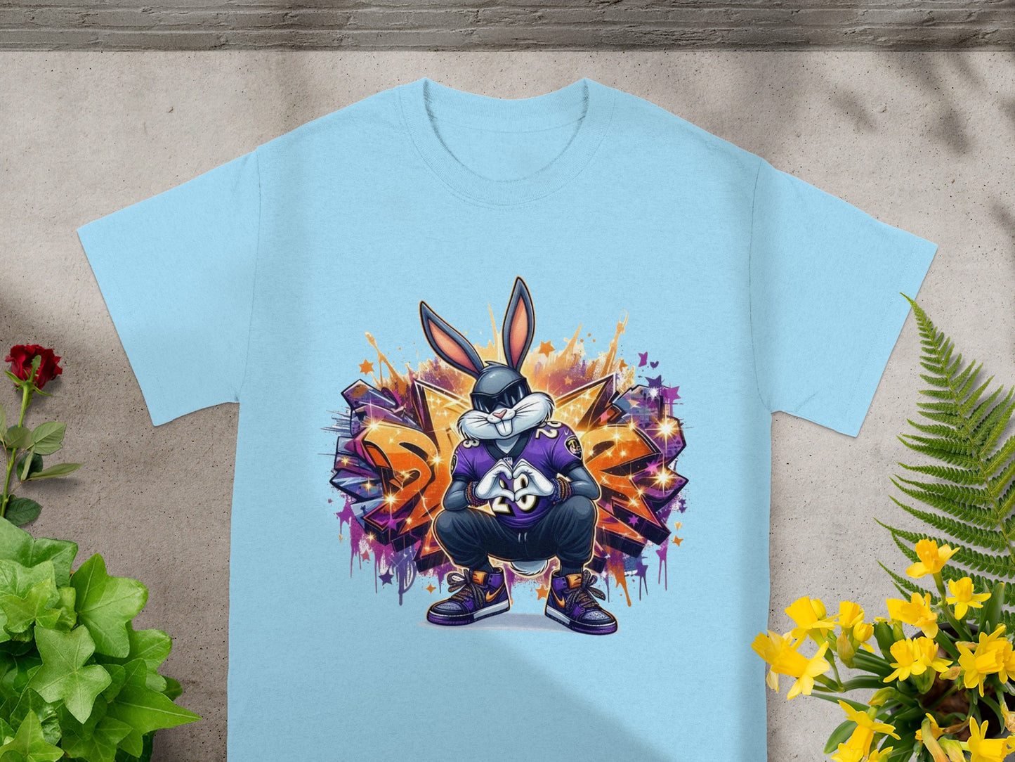 Vibrant Cartoon Bunny Graffiti Style Graphic T-shirt
