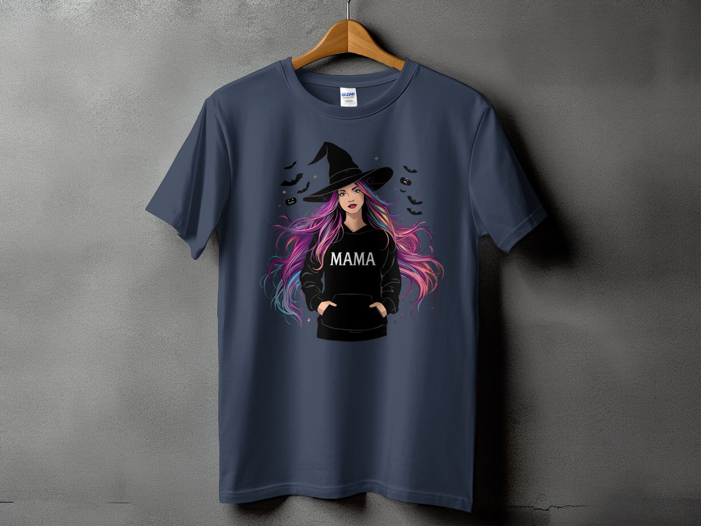 Dark blue t-shirt with witch graphic and the word "MAMA"