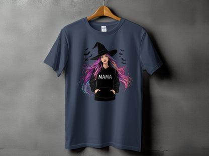 Dark blue t-shirt with witch graphic and the word "MAMA"