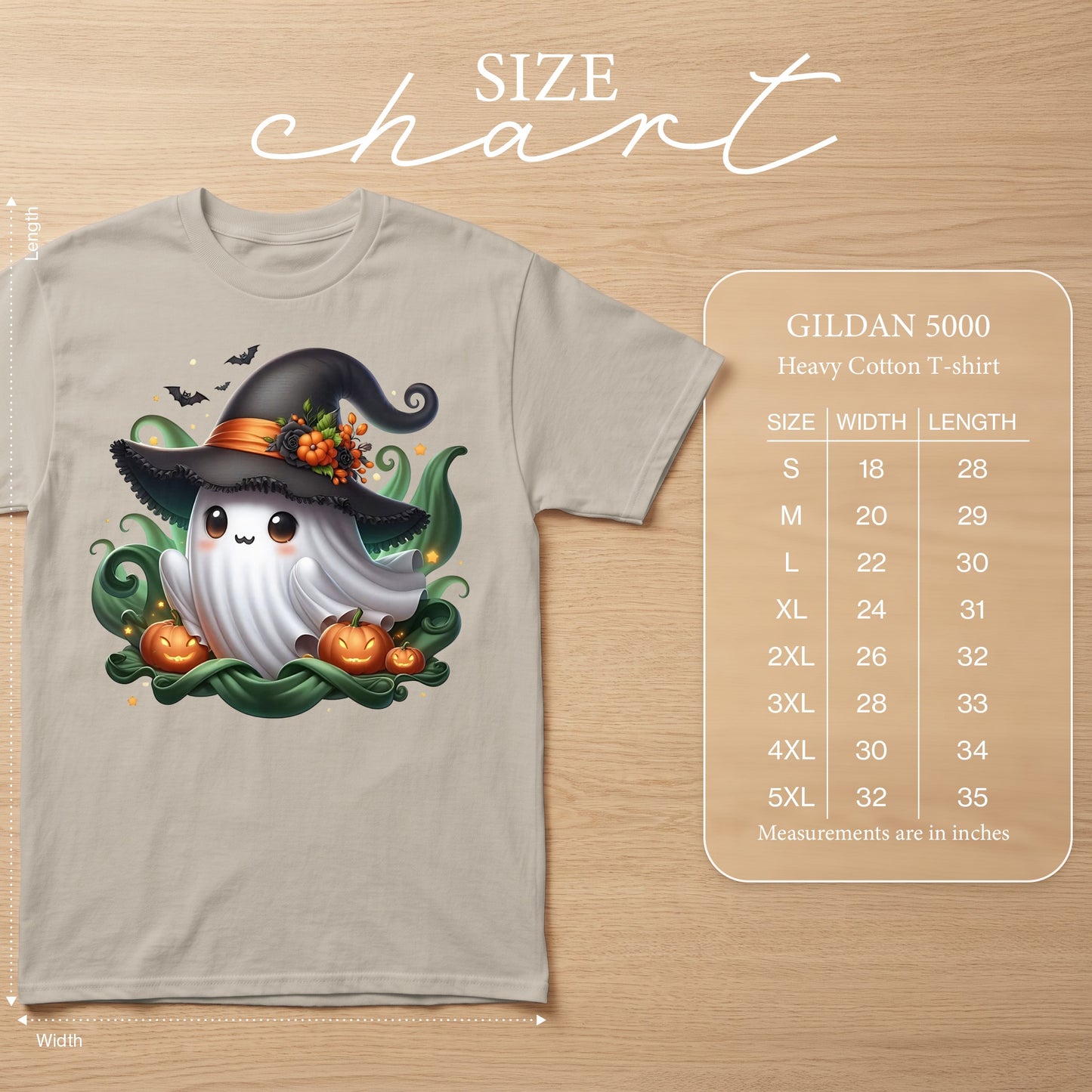 T-shirt with a cute ghost in a witch hat and pumpkins, plus Gildan 5000 size chart.