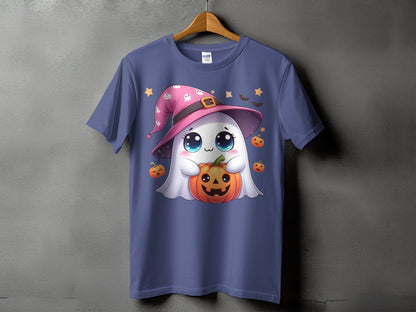 Ghost wearing witch hat holding pumpkin, surrounded by stars and bats.