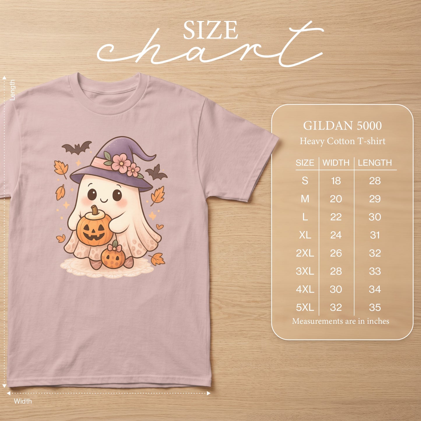 Ghost with pumpkin and bats graphic on a pink Gildan 5000 t-shirt, with size chart.