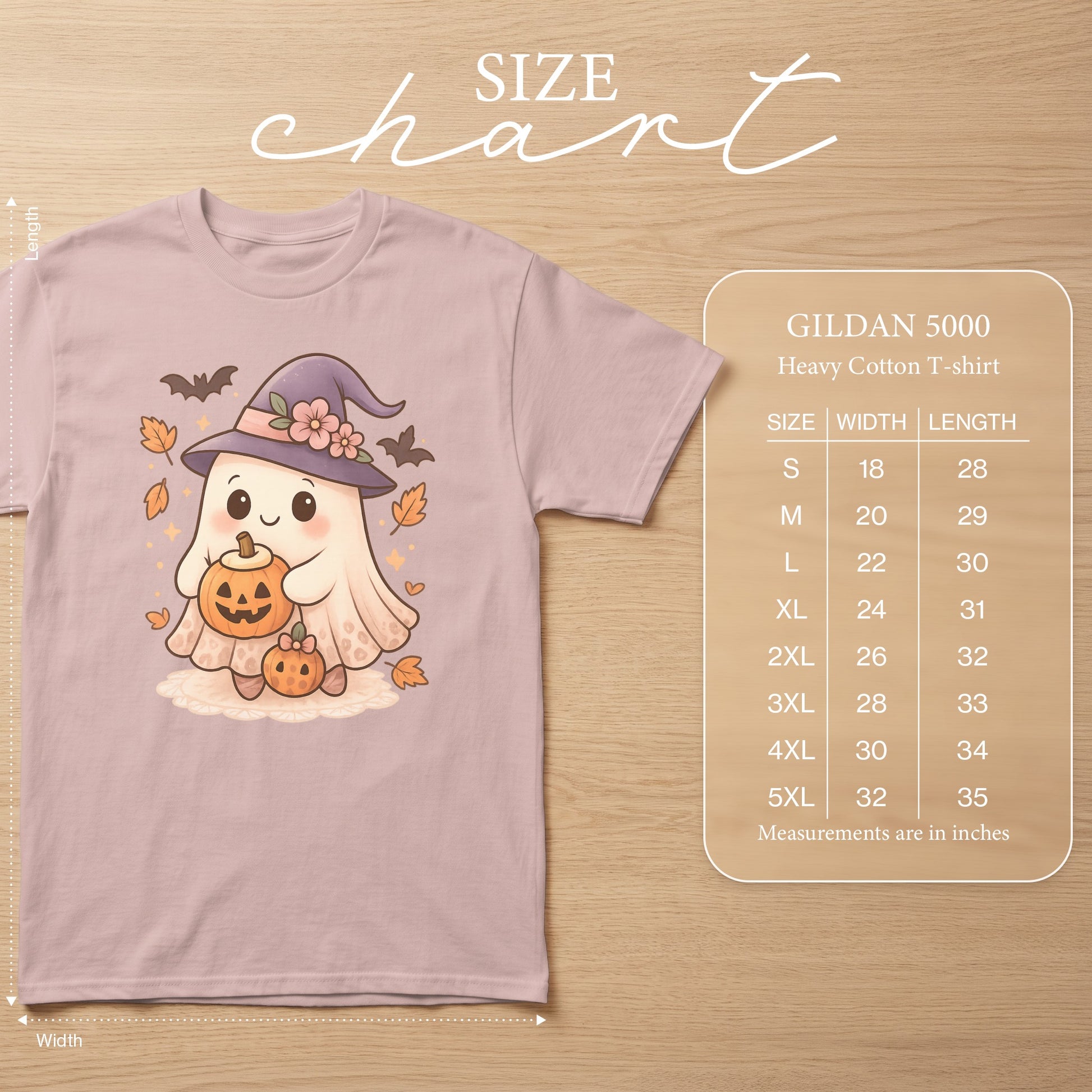 Ghost with pumpkin and bats graphic on a pink Gildan 5000 t-shirt, with size chart.