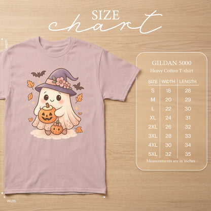 Ghost with pumpkin and bats graphic on a pink Gildan 5000 t-shirt, with size chart.