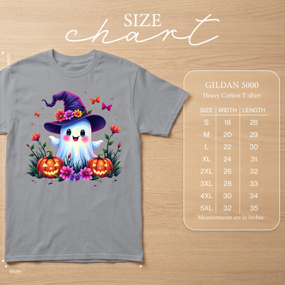 Gray t-shirt featuring a cartoon ghost in a witch hat with pumpkins and flowers. Size chart provided.