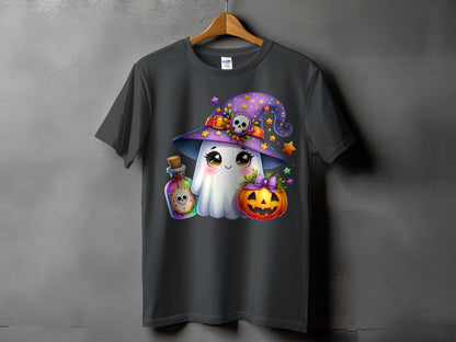 Ghost with witch hat, potion, and pumpkin graphic on a dark t-shirt.