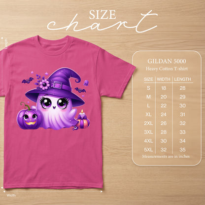 Pink Gildan 5000 heavy cotton t-shirt with a cute purple witch ghost and pumpkin design.