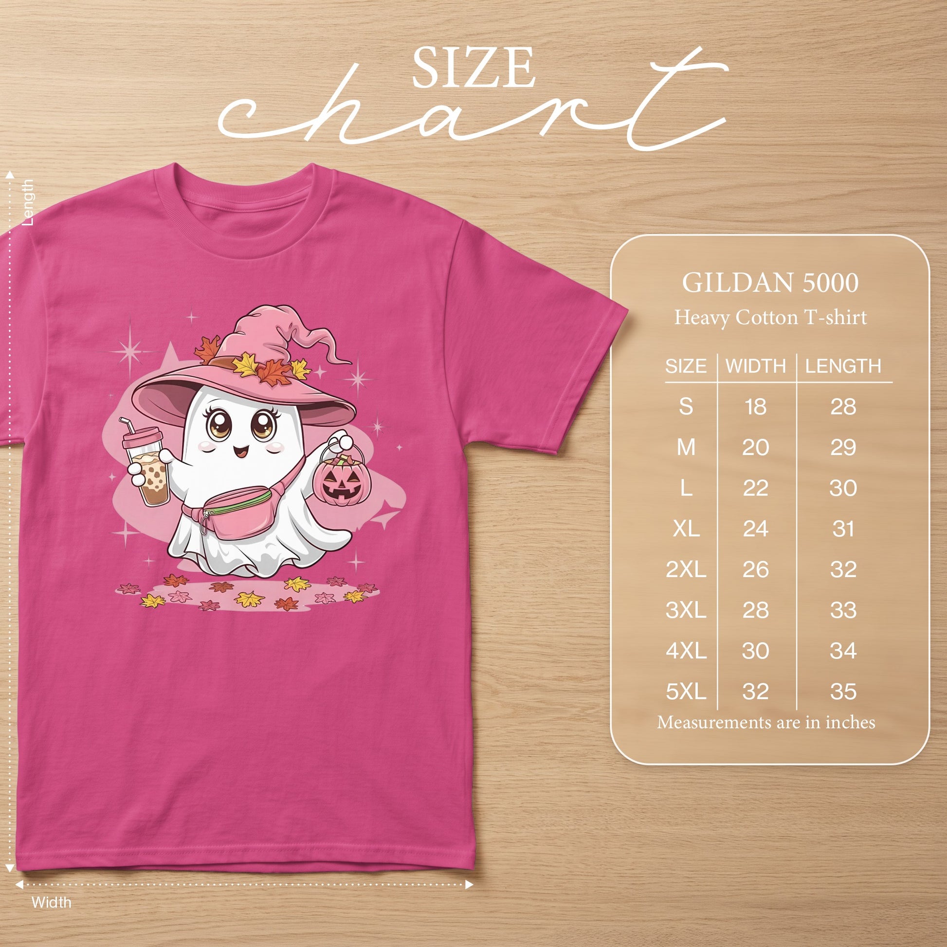 Pink t-shirt with cartoon ghost holding a drink and pumpkin. Size chart included.