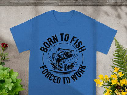 Blue t-shirt with "Born to Fish Forced to Work" and a jumping fish graphic.