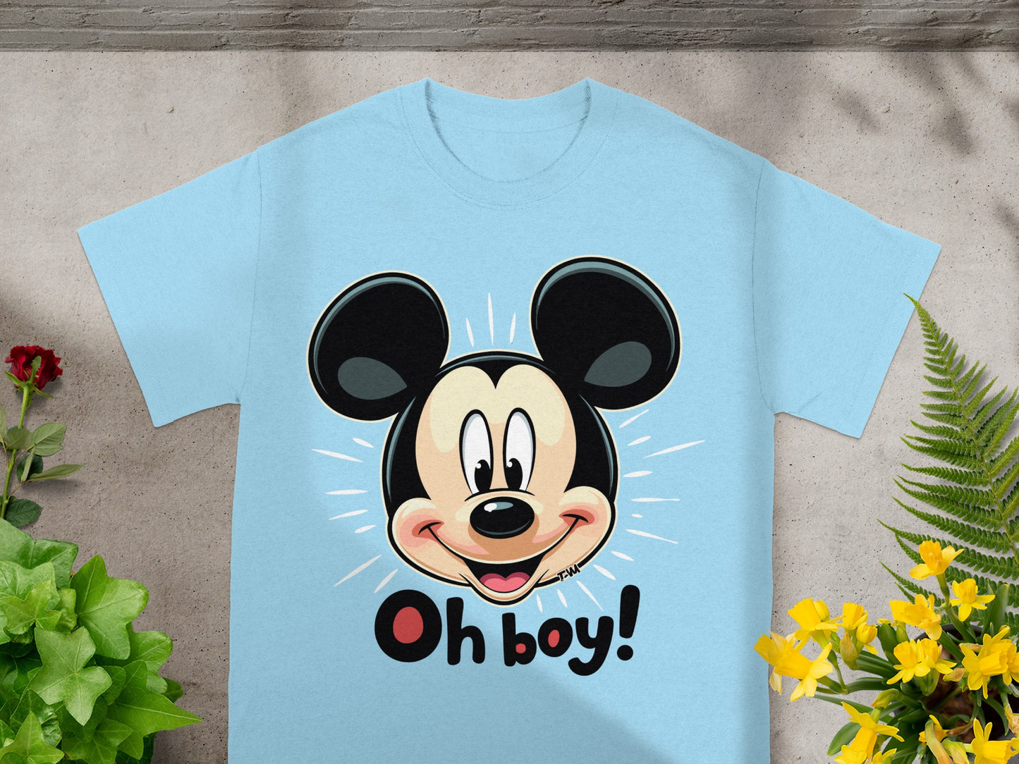 Light blue t-shirt with Mickey Mouse head and "Oh boy!" text.