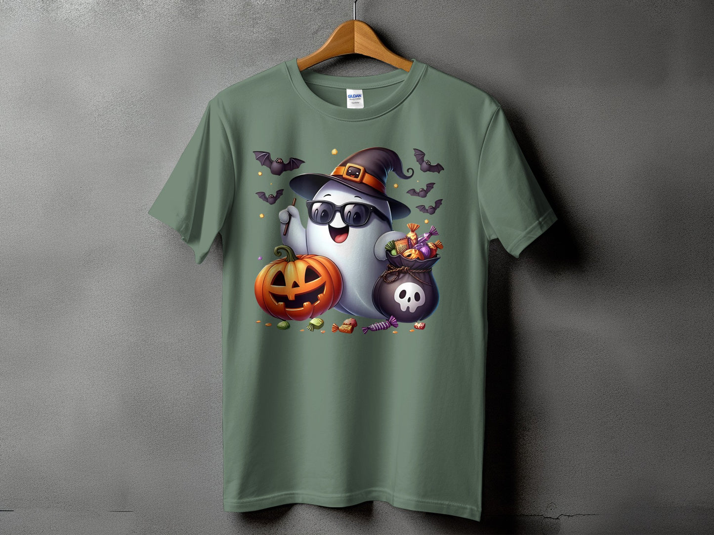 Ghost in witch hat and sunglasses with pumpkin, candy bag, and bats.