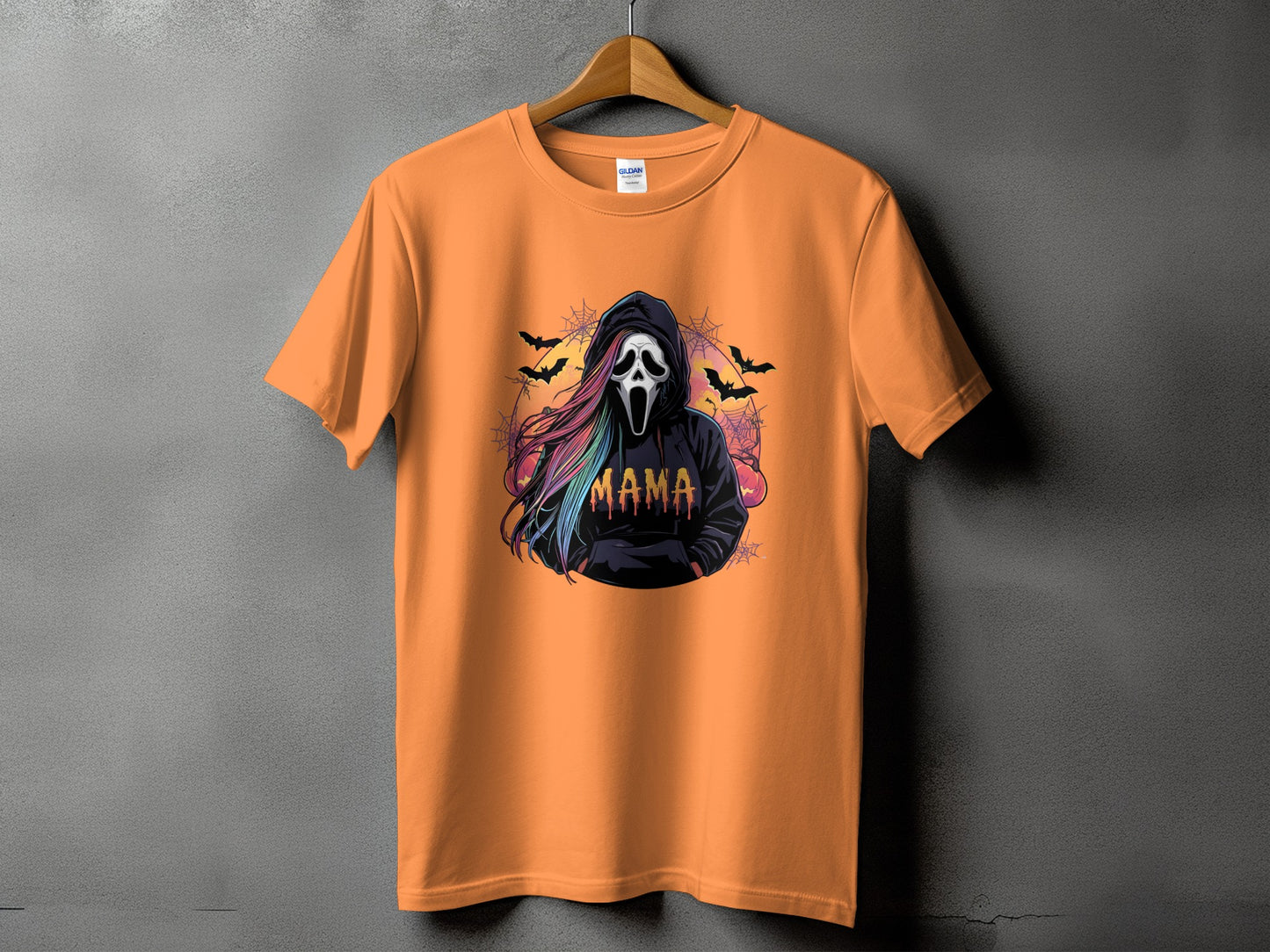 Orange t-shirt with ghost mask design and "MAMA" text.