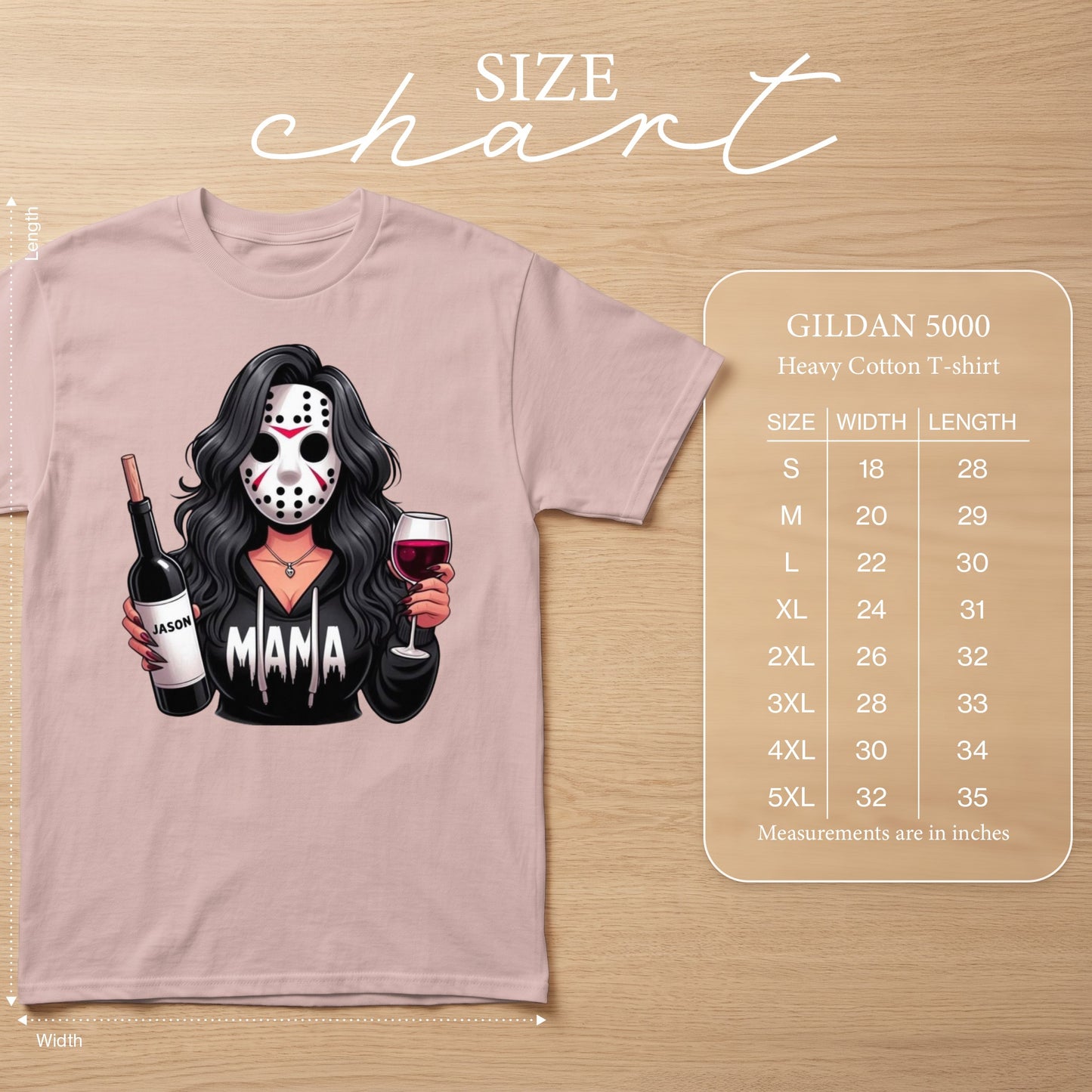Pink t-shirt featuring artwork of a woman in a Jason mask holding wine with a size chart.