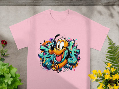 Pink t-shirt featuring a cartoon Pluto dog illustration with graffiti background.