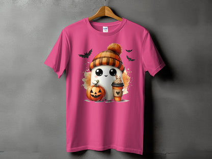 Pink t-shirt with a kawaii ghost, pumpkin, and coffee on it.