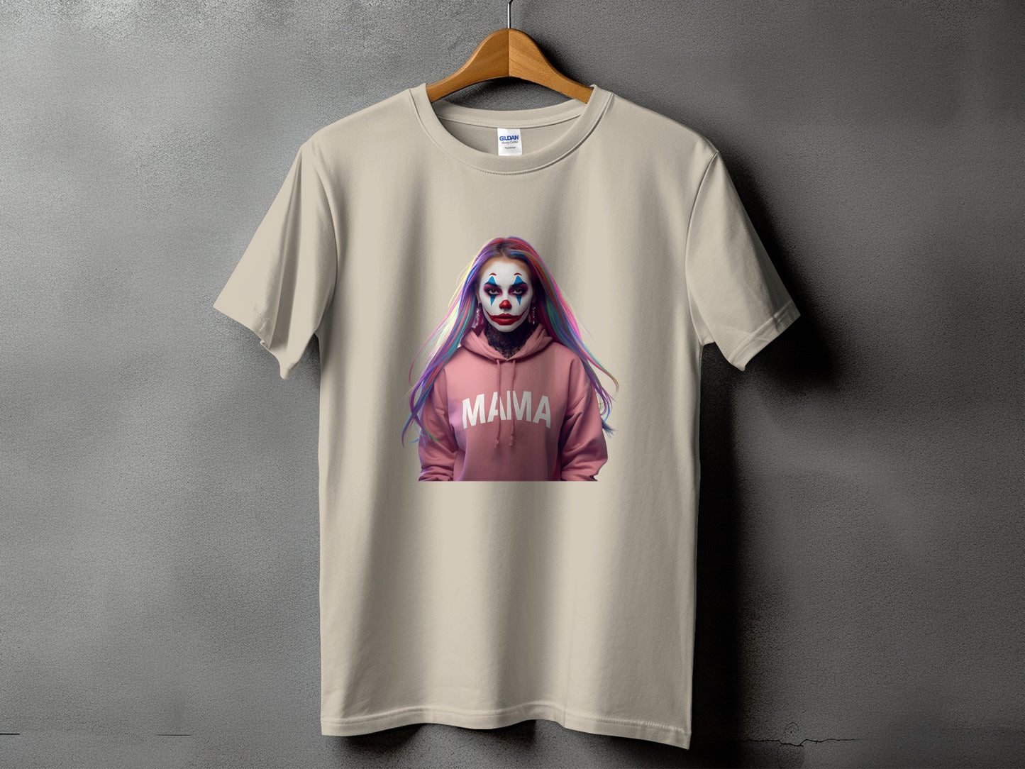 Beige t-shirt with clown graphic and "MAMA" text on pink hoodie.