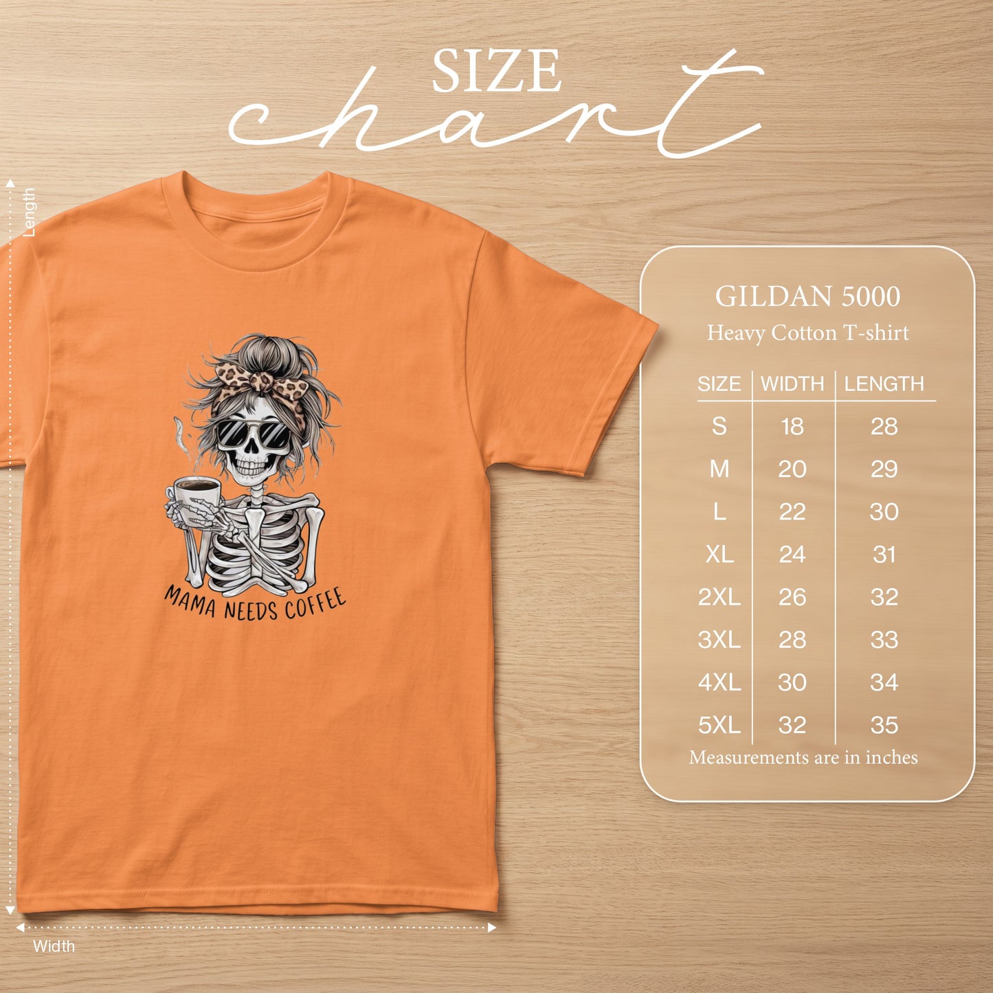 Orange Gildan 5000 t-shirt with skeleton graphic and size chart.
