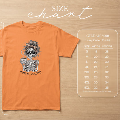 Orange Gildan 5000 t-shirt with skeleton graphic and size chart.