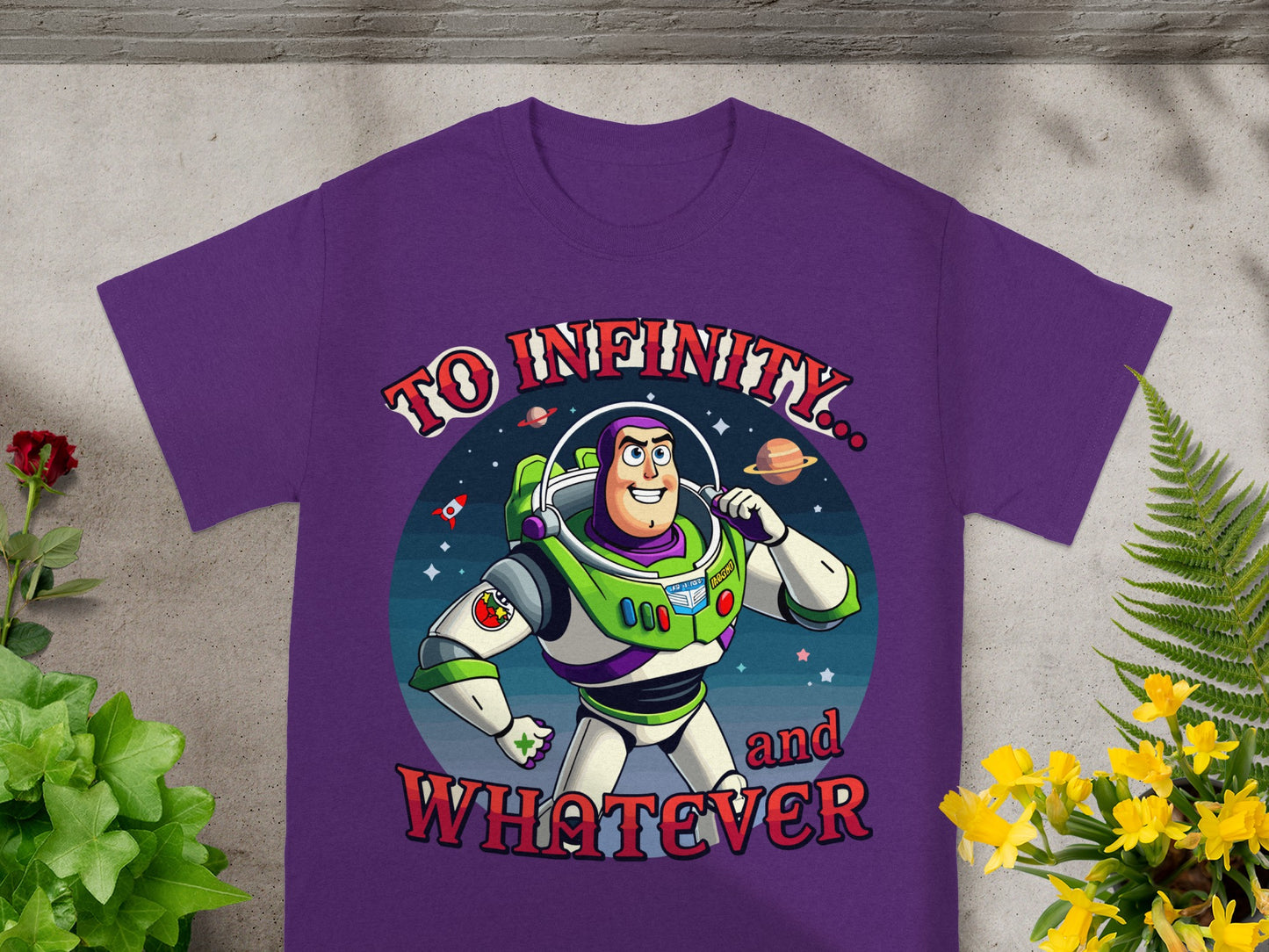 Buzz Lightyear on a purple shirt with "To Infinity... and WHATEVER" text.