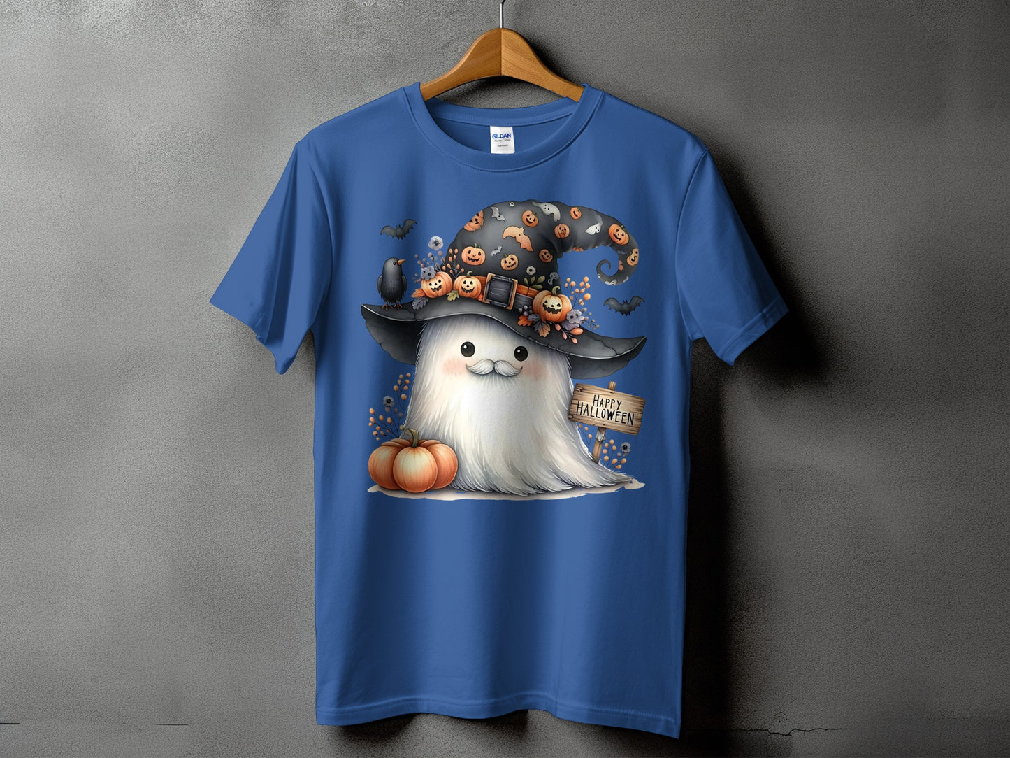 Blue t-shirt featuring a ghost in a witch hat with pumpkins and bats, saying "Happy Halloween".