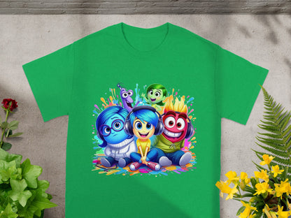Inside Out characters Sadness, Joy, Disgust, Fear, and Anger on a green t-shirt.