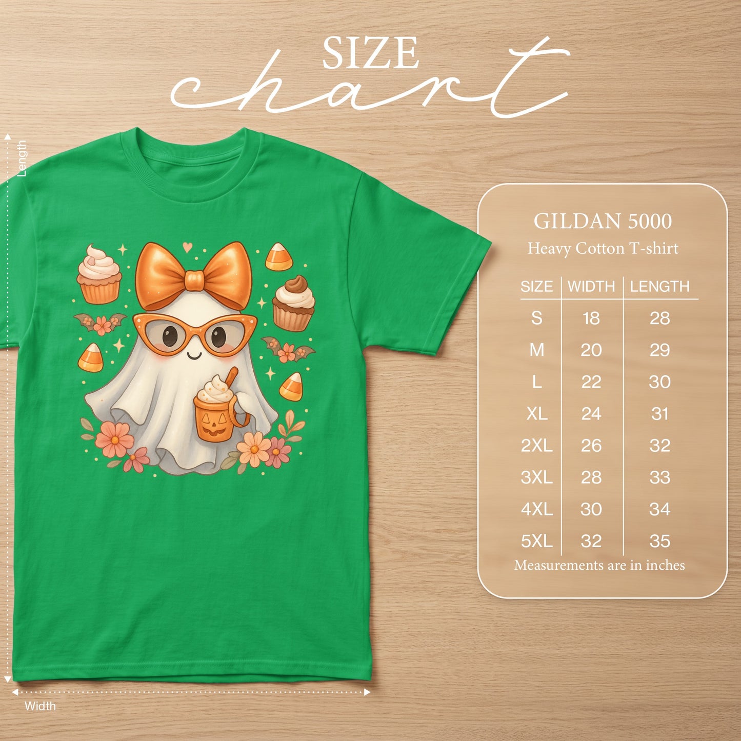 Green Gildan 5000 t-shirt featuring a cute ghost with a bow and pumpkin drink.