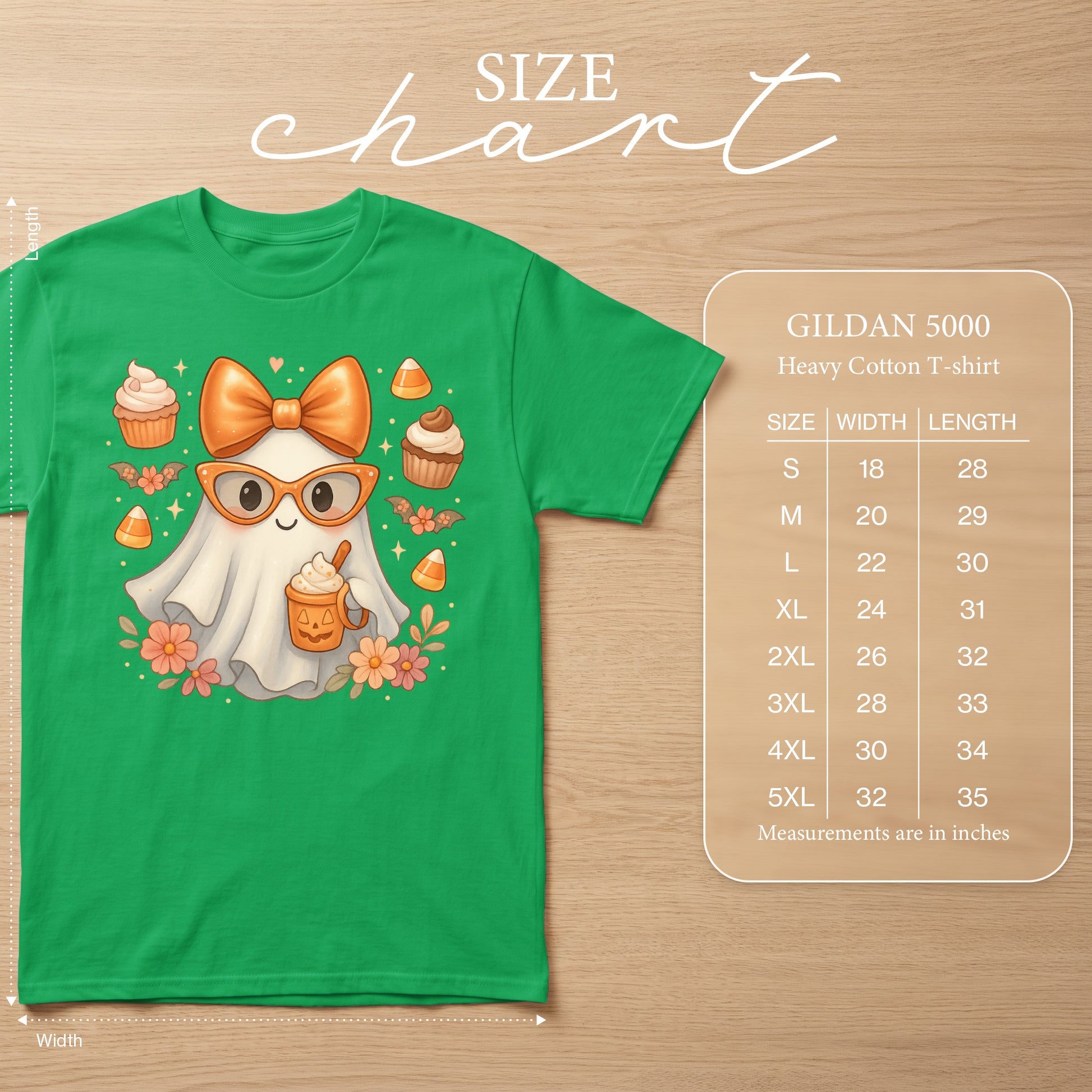 Green Gildan 5000 t-shirt featuring a cute ghost with a bow and pumpkin drink.