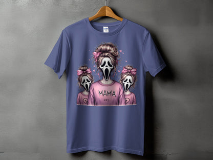 T-shirt with three screaming ghost figures, "MAMA" text, and pink bows.