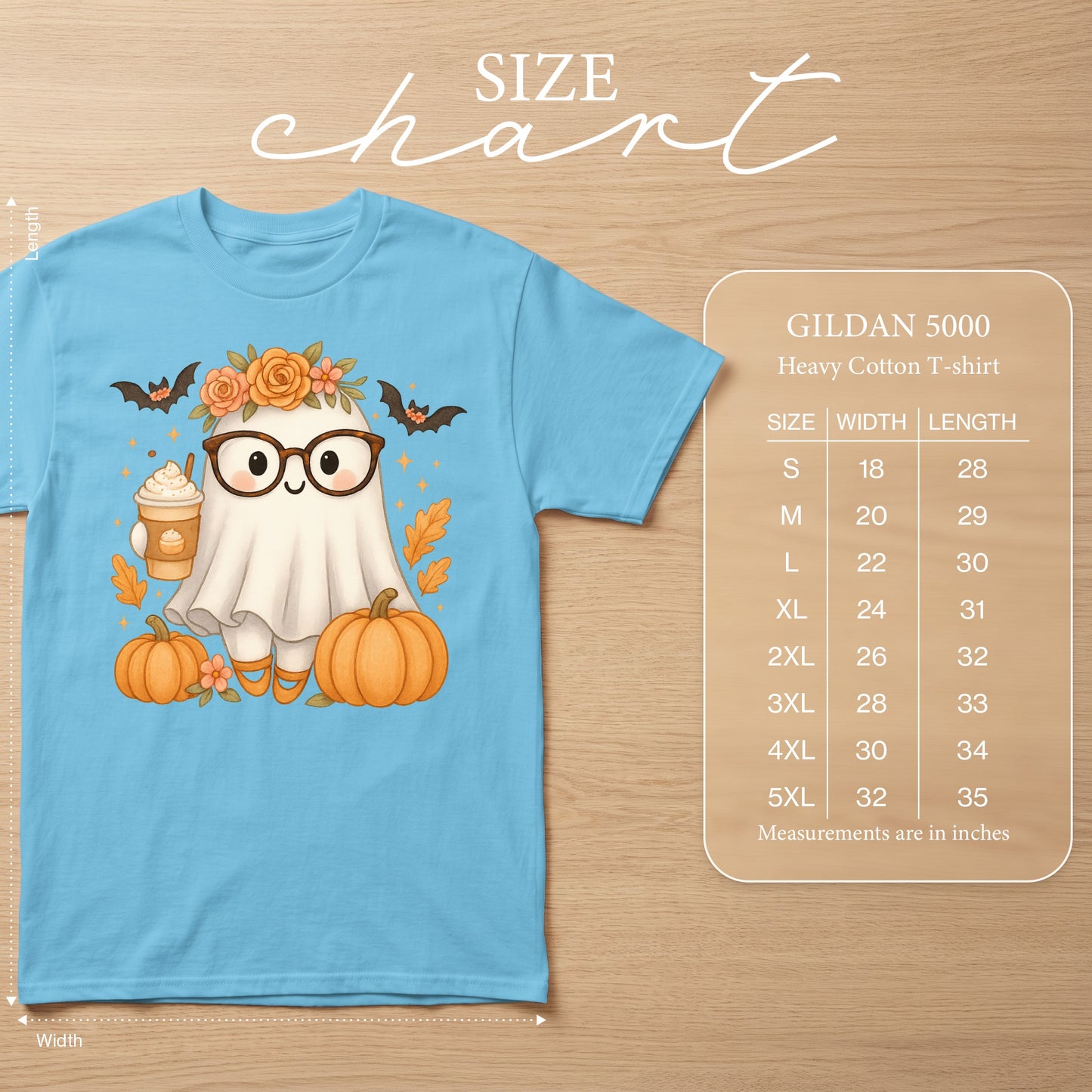 Light blue Gildan 5000 t-shirt with a cute ghost graphic and size chart.