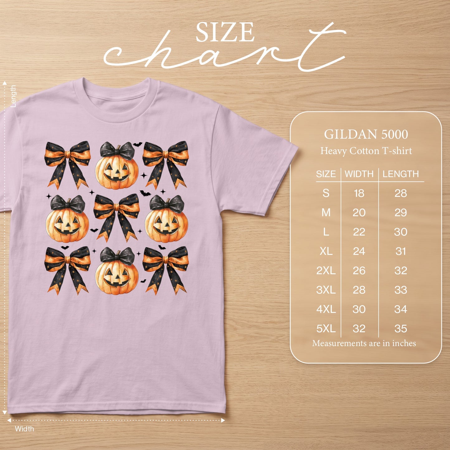 Lavender t-shirt with jack-o'-lantern and bow pattern, includes size chart.