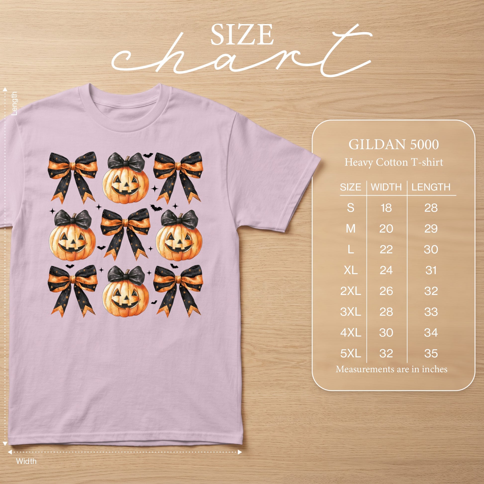 Lavender t-shirt with jack-o'-lantern and bow pattern, includes size chart.