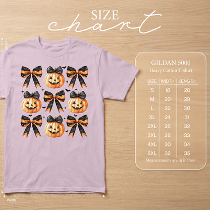 Lavender t-shirt with jack-o'-lantern and bow pattern, includes size chart.