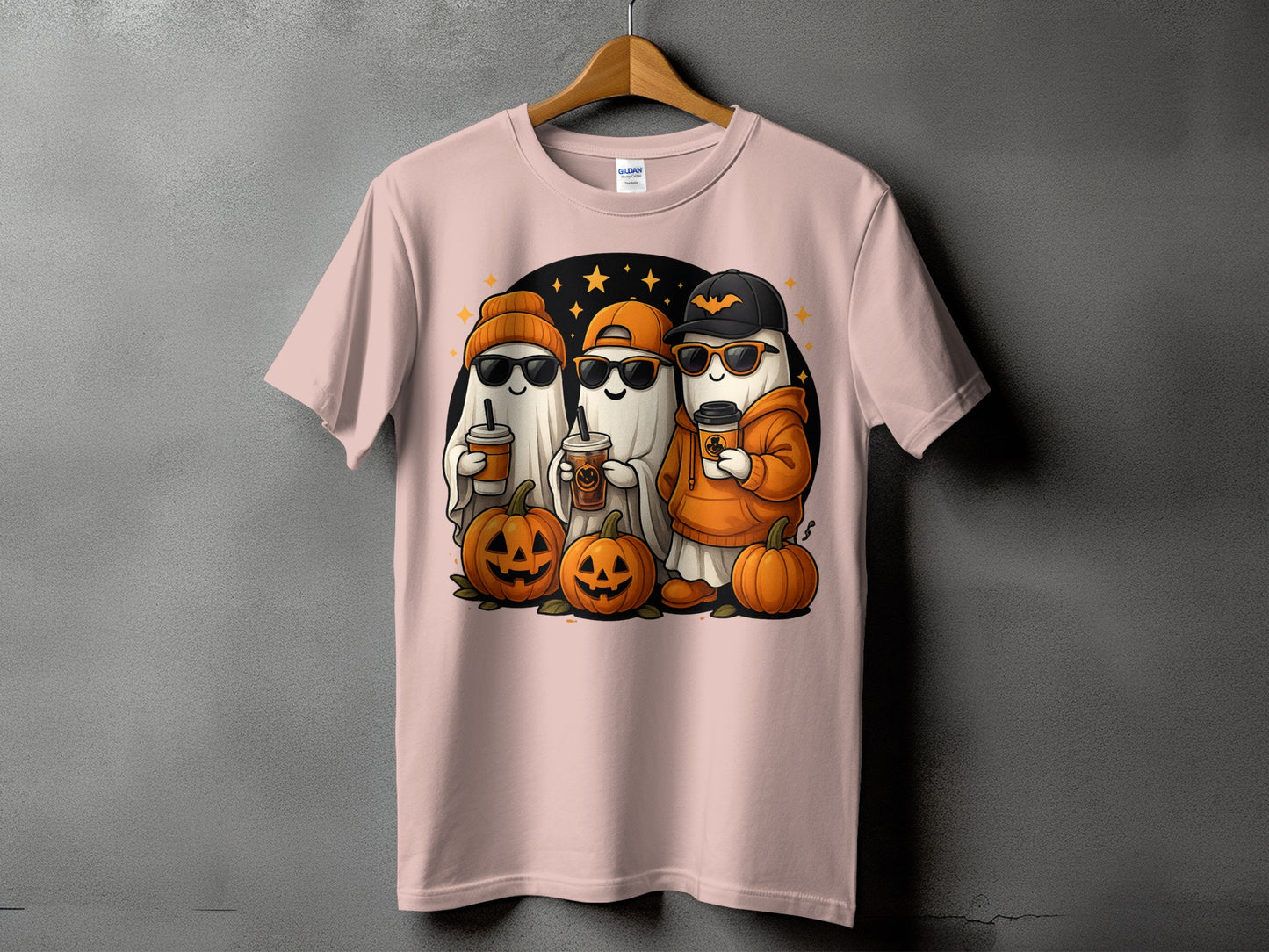 Three cute ghosts with pumpkins and coffee cups, wearing hats and sunglasses.