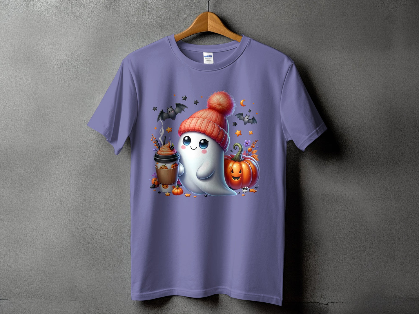 Ghost with pumpkin latte, wearing a beanie, with bats and pumpkins.