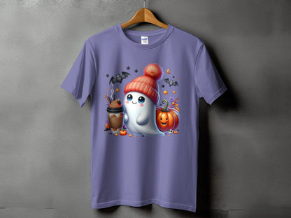 Ghost with pumpkin latte, wearing a beanie, with bats and pumpkins.