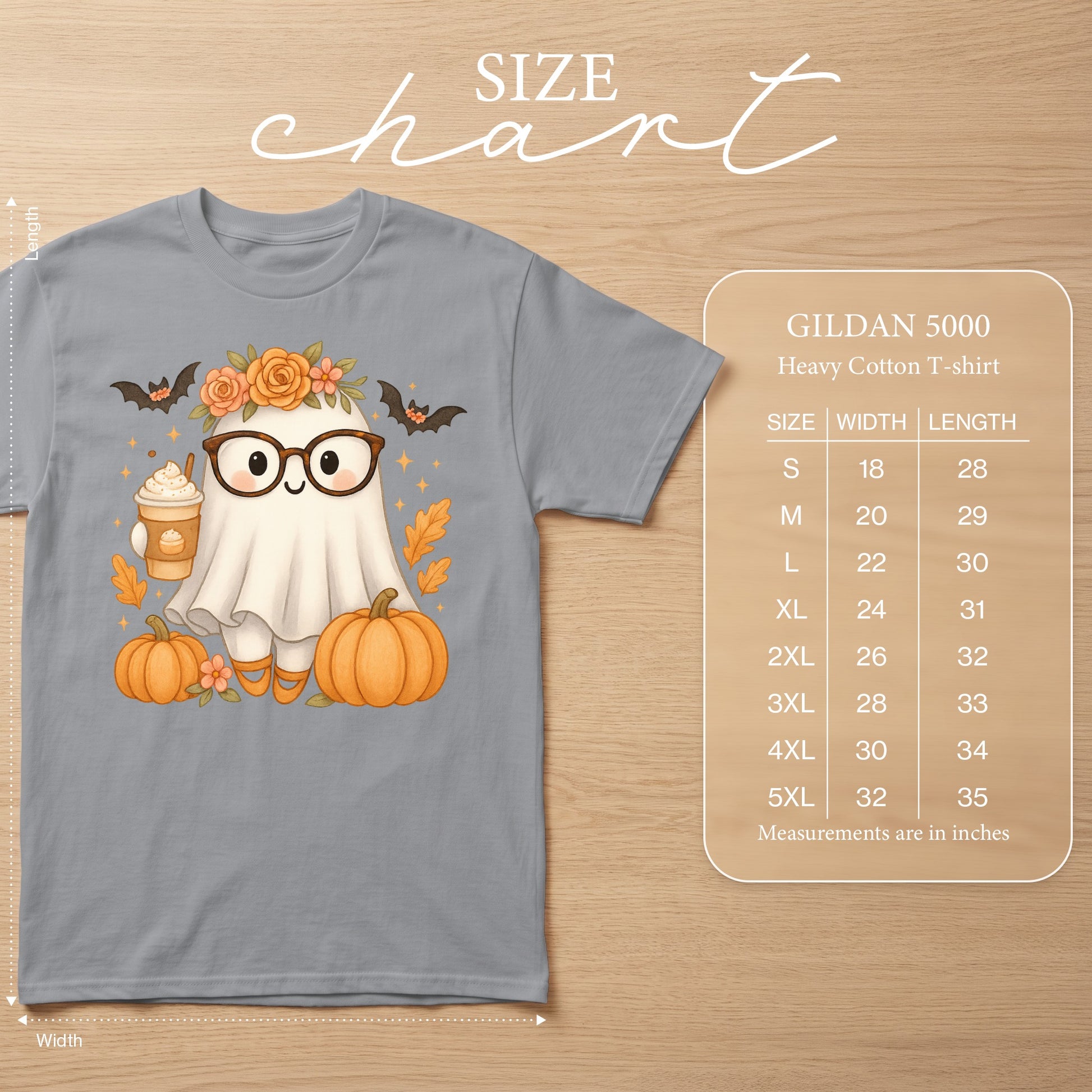 Gray Gildan 5000 t-shirt with ghost, pumpkin, and fall floral design.