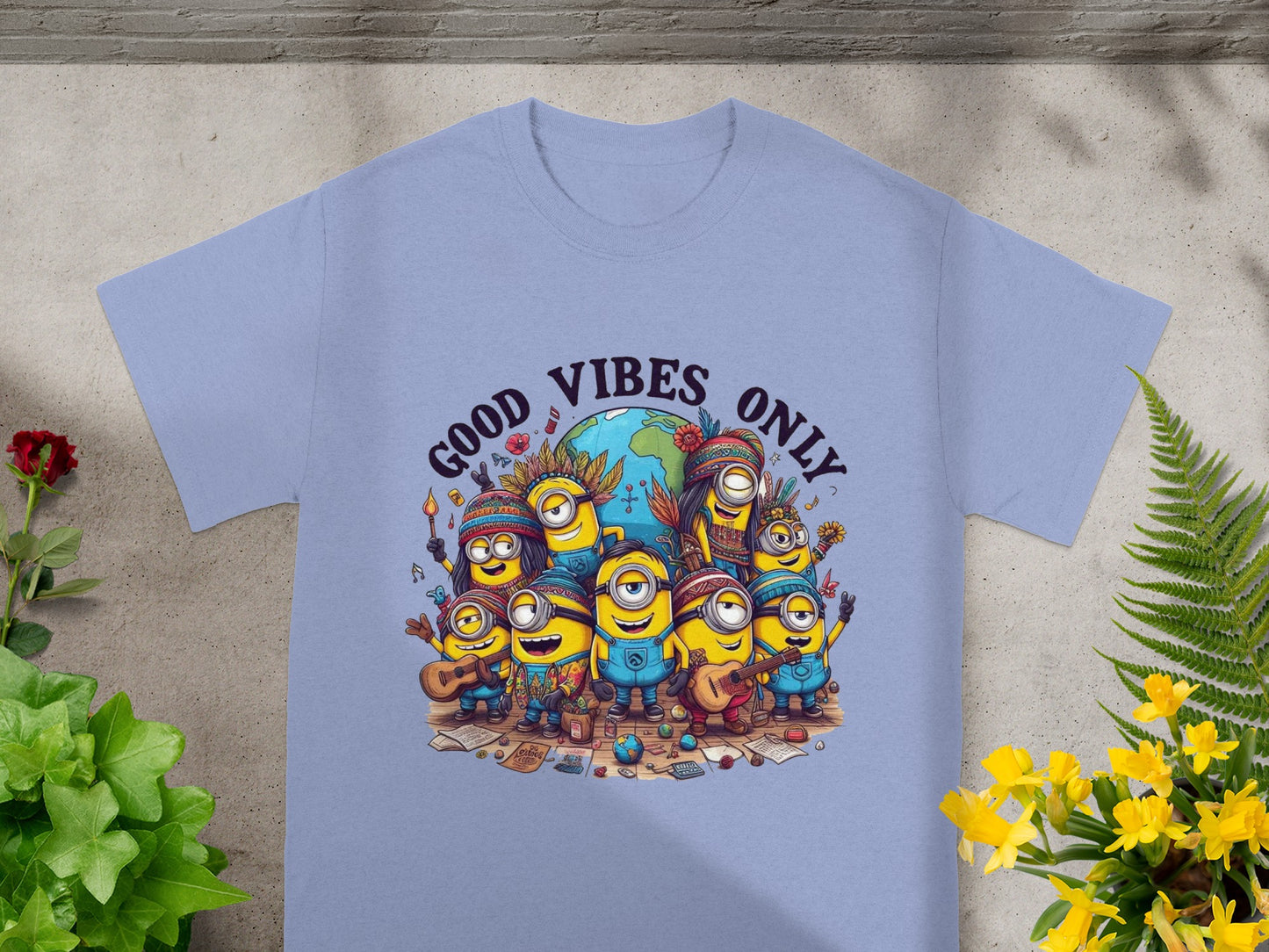 Minions in hippie outfits surrounded by the Earth and the text "GOOD VIBES ONLY".