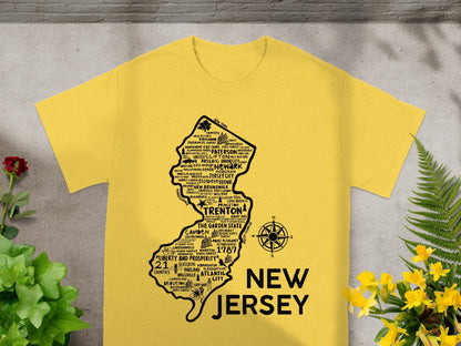 New Jersey State Map Theme Printed Yellow T-Shirt