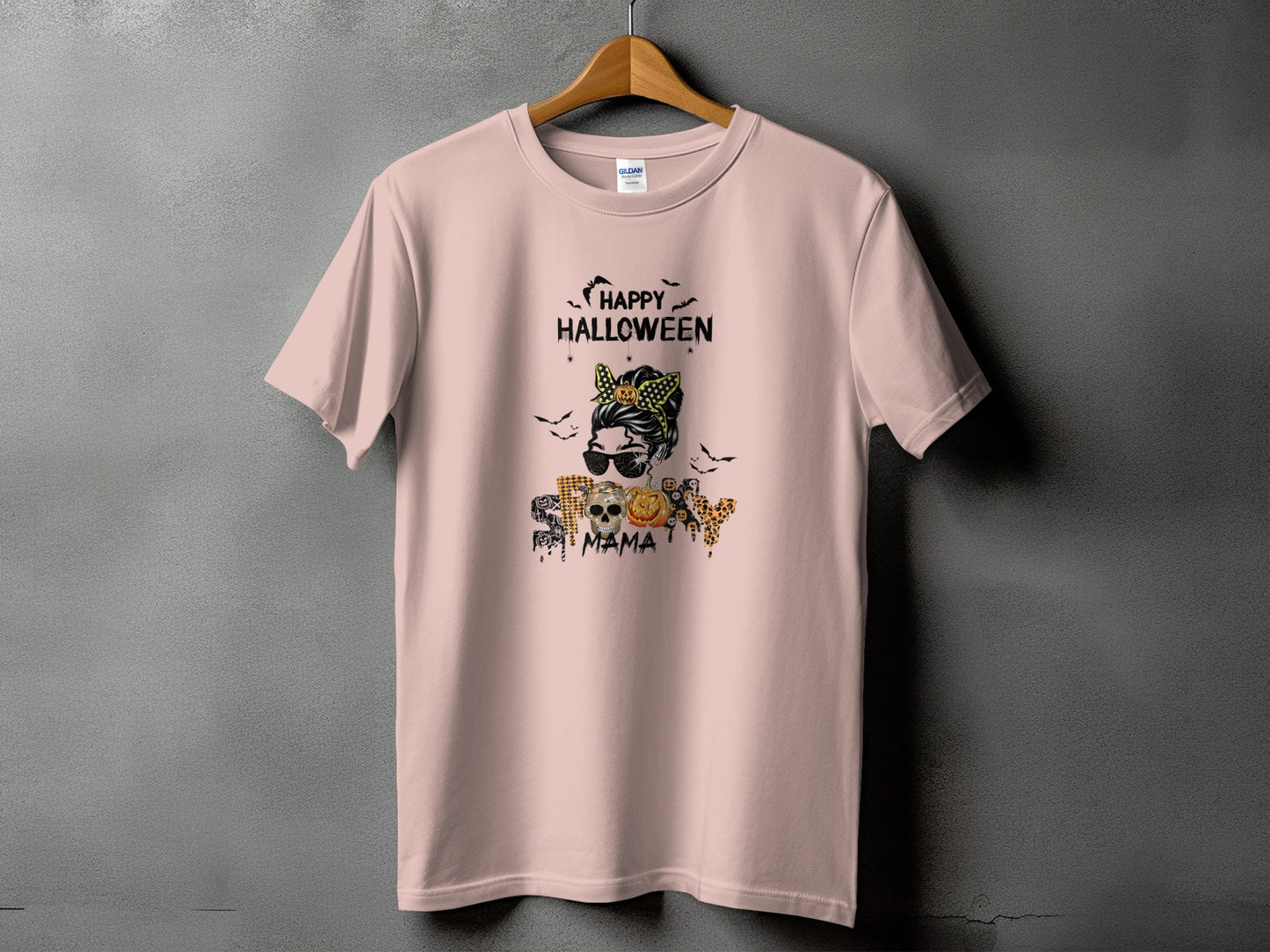 Light pink t-shirt with "Happy Halloween" and "Slay Mama" Halloween graphic.