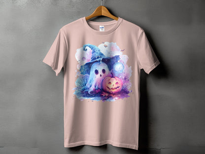 Ghost in witch hat with pumpkin and moon on pink t-shirt.