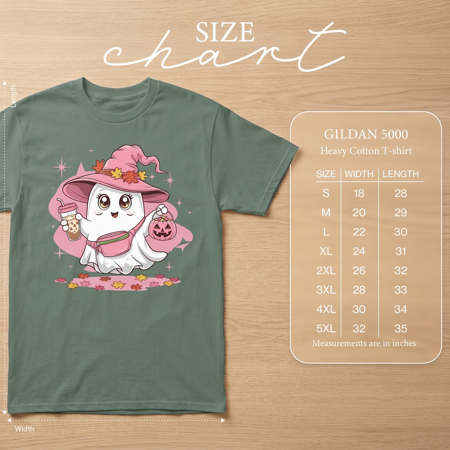 Gildan 5000 Heavy Cotton T-shirt size chart featuring a ghost graphic.