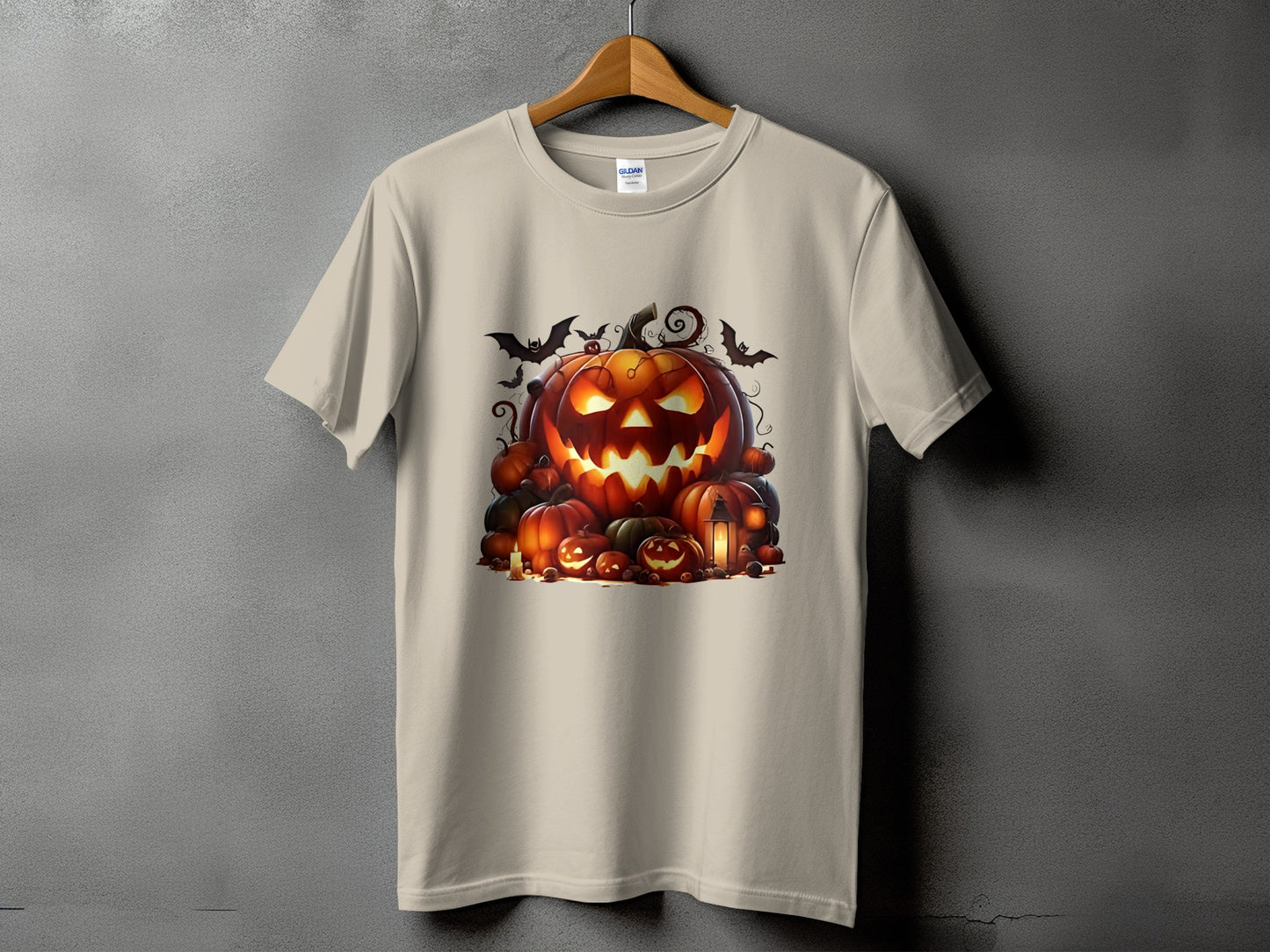 T-shirt with a Halloween graphic of carved pumpkins and bats.