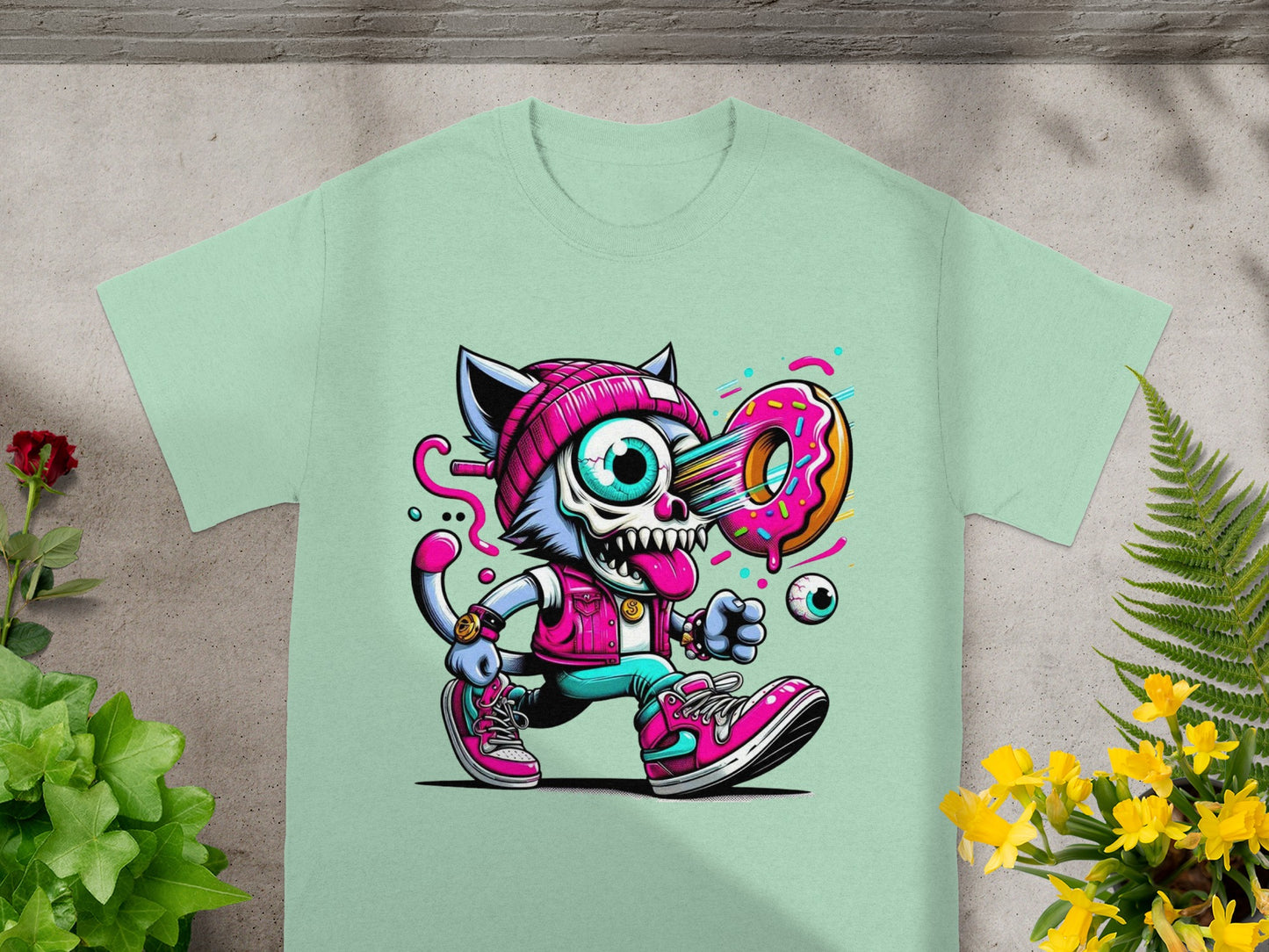 Funky Skateboarding Cat with Donut Graphic T-Shirt