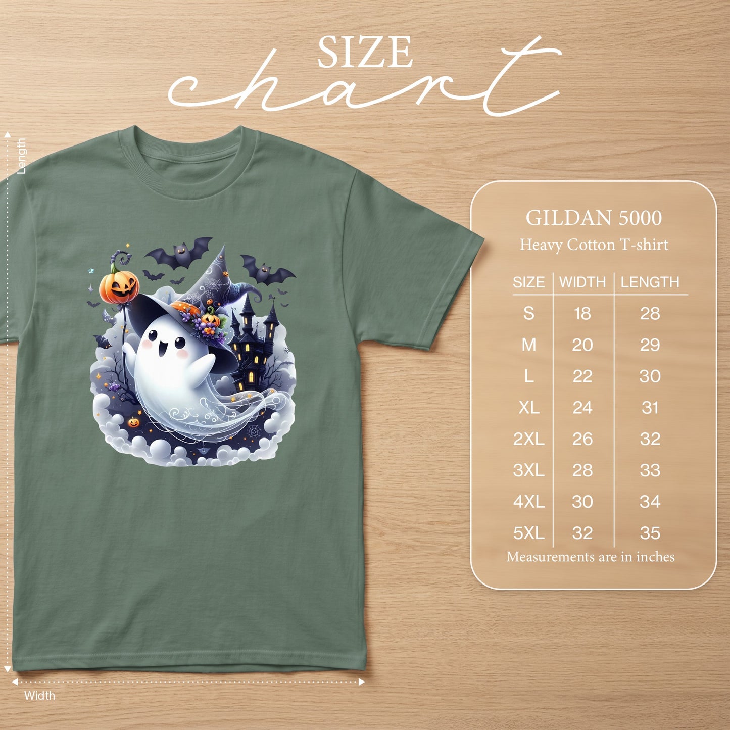 Green t-shirt with a Halloween ghost graphic and GILDAN 5000 size chart.