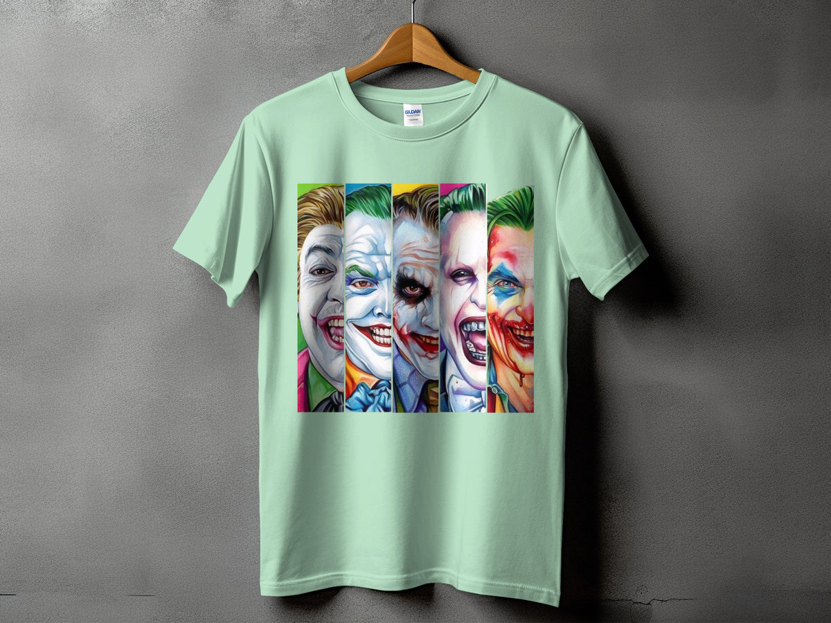 Mint t-shirt with multiple Joker faces depicted in a vertical collage.
