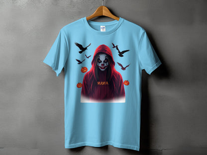 Light blue t-shirt with a creepy clown graphic, pumpkins, and flying birds.