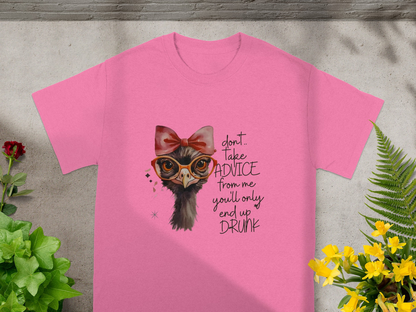 Pink T-shirt with Quirky Ostrich Design and Fun Saying
