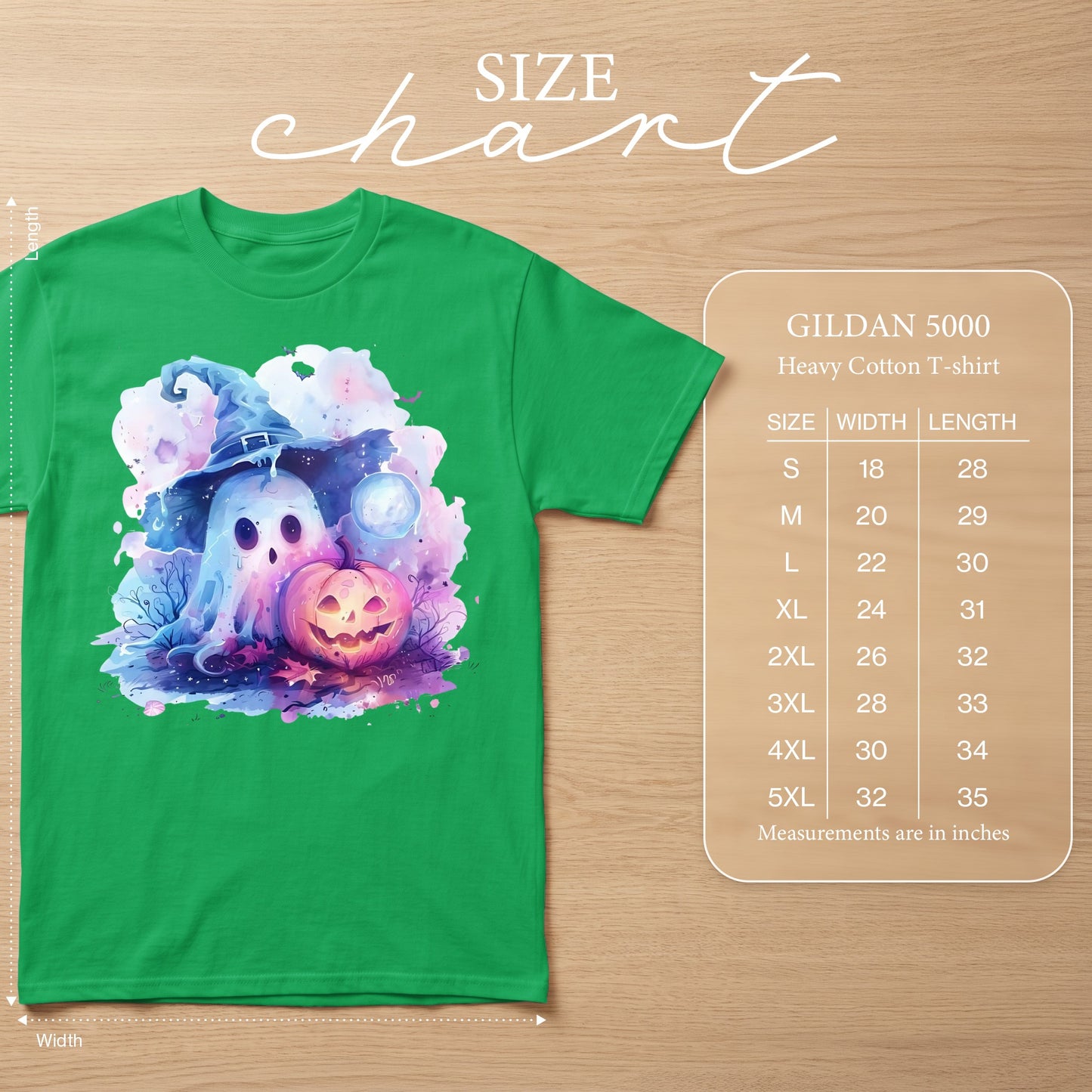 Green Gildan 5000 heavy cotton t-shirt with watercolor ghost and pumpkin Halloween graphic.