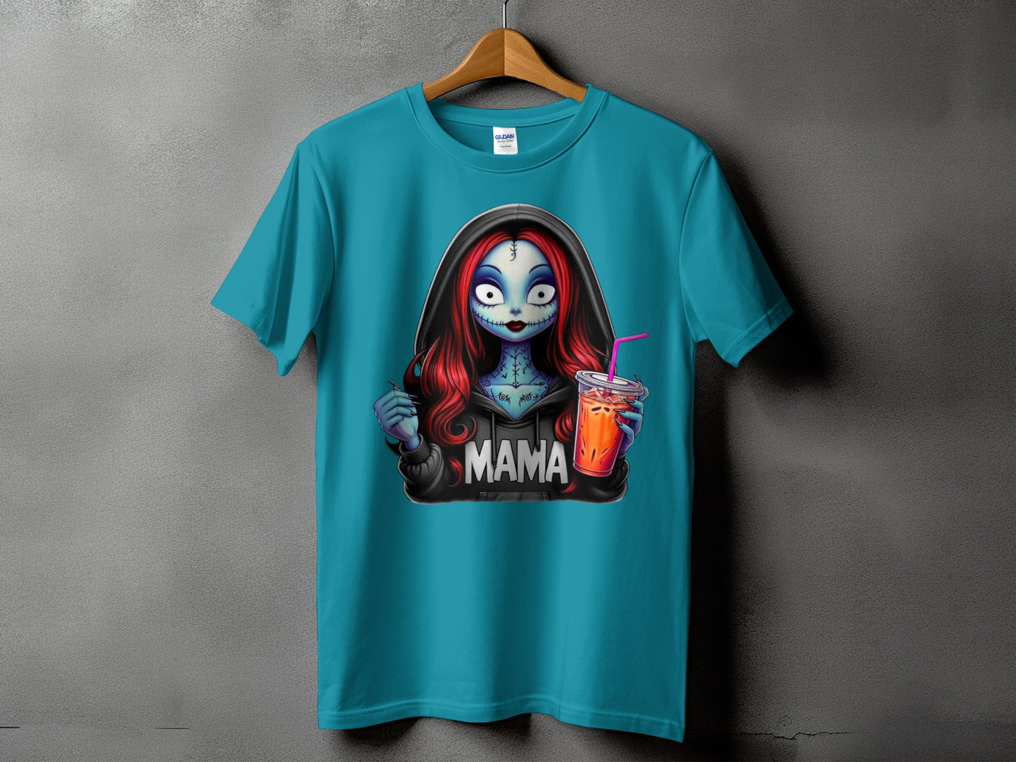 Teal t-shirt with gothic-style mama character holding iced coffee